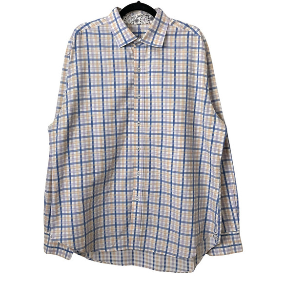 Robert Graham Shirt Mens 2XL White Blue Check Button Up Long Sleeve Flip Cuff - Picture 1 of 14